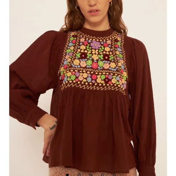 Antik Batik Top Line Embroidered Blouse Brown Hand Stitched Anthro Sz XS NEW - Picture 1 of 16